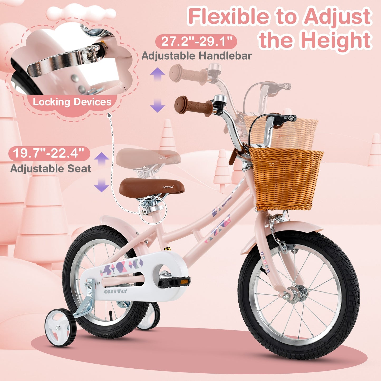 14 Inch Kids Bike Retro Bicycle with Adjustable Height and Basket for Ages 3-5 Years Old Kids Crystal