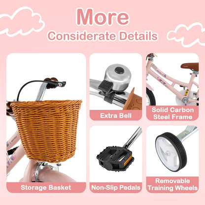 14 Inch Kids Bike Retro Bicycle with Adjustable Height and Basket for Ages 3-5 Years Old
