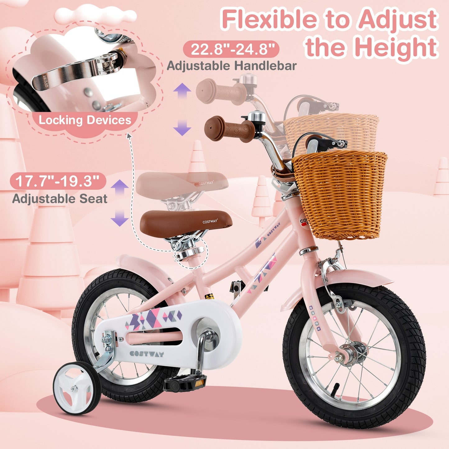 12 Inch Kids Bike Retro Bicycle with Adjustable Height and Basket for Ages 3-8 Years Old Kids Crystal