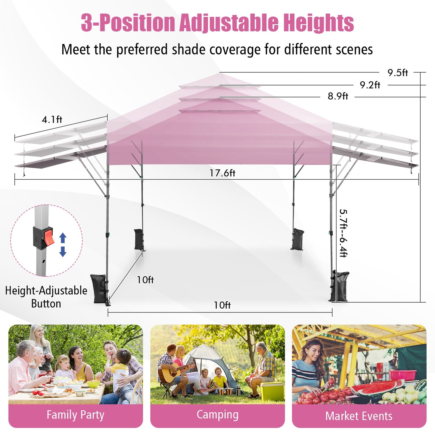 10 x 17.6 Feet Outdoor Instant Pop-up Canopy Tent with Dual Half Awnings-Pink Kids Crystal