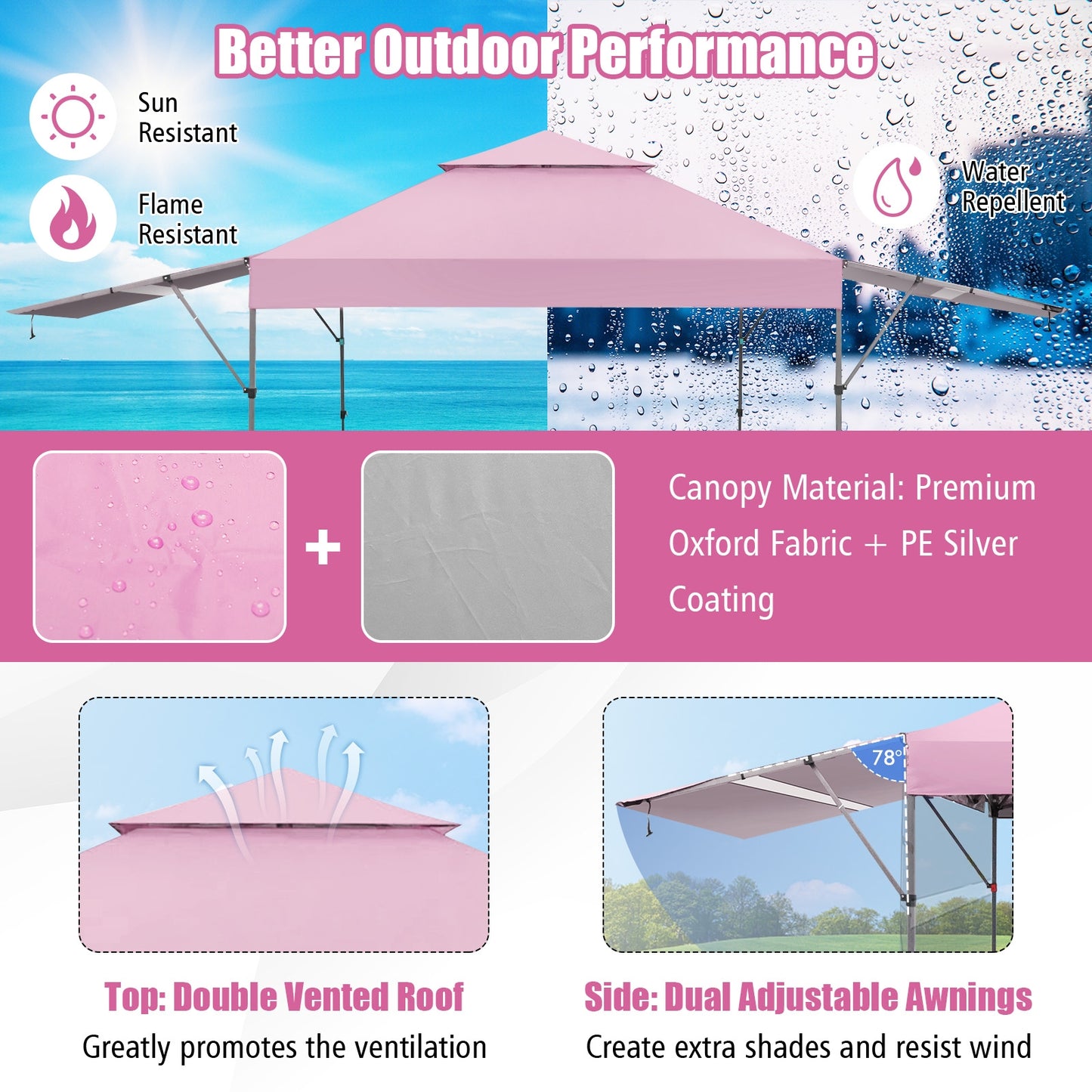 10 x 17.6 Feet Outdoor Instant Pop-up Canopy Tent with Dual Half Awnings-Pink Kids Crystal
