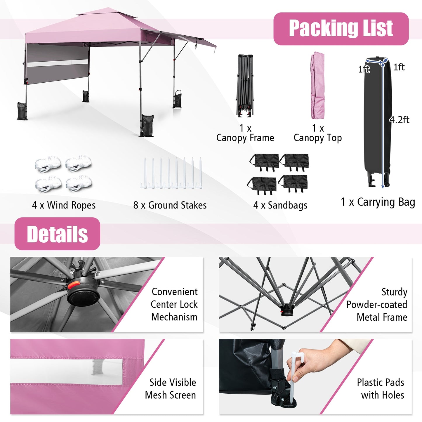 10 x 17.6 Feet Outdoor Instant Pop-up Canopy Tent with Dual Half Awnings-Pink Kids Crystal
