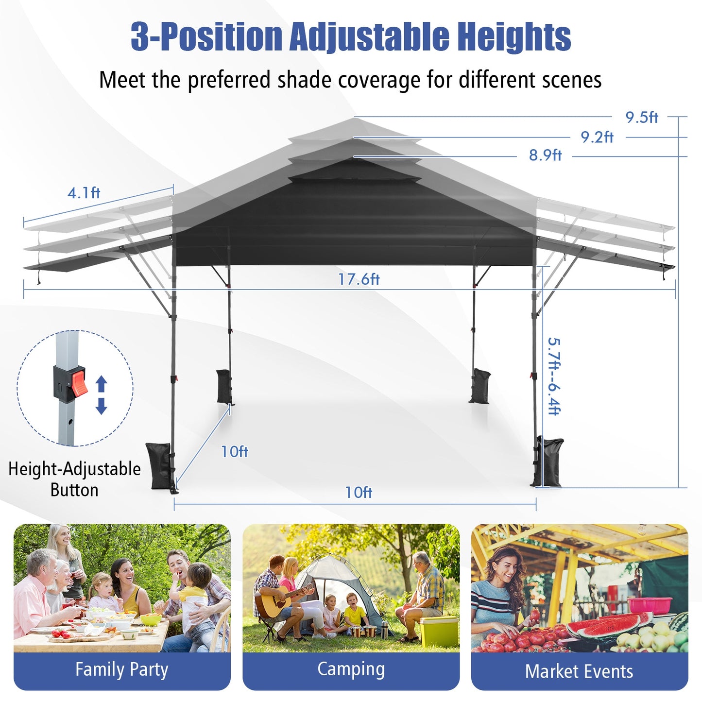 10 x 17.6 Feet Outdoor Instant Pop-up Canopy Tent with Dual Half Awnings-Black Kids Crystal