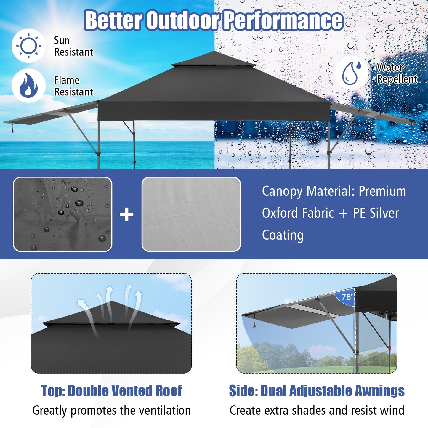 10 x 17.6 Feet Outdoor Instant Pop-up Canopy Tent with Dual Half Awnings-Black Kids Crystal