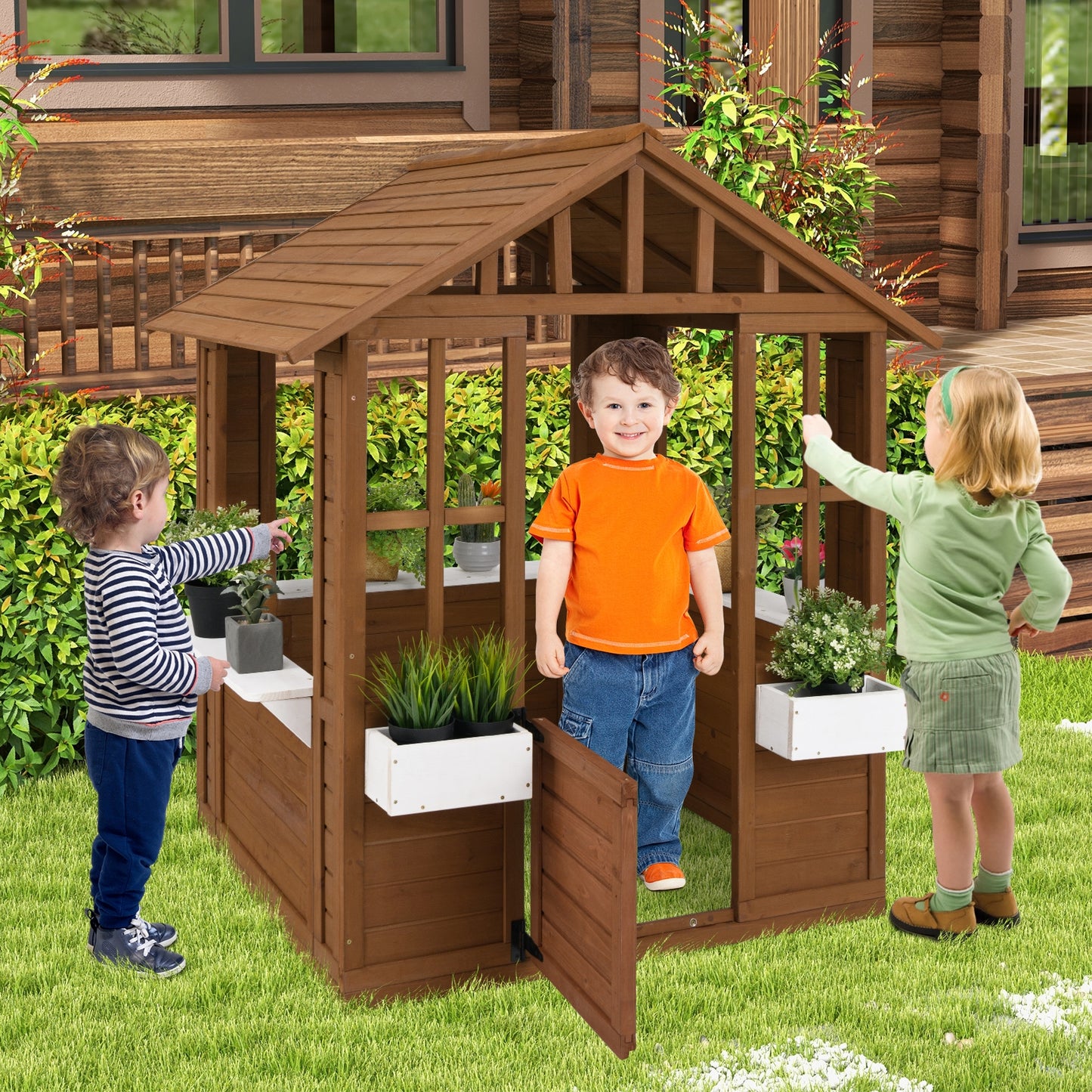 Outdoor Playhouse with Serving Stations and Door for 2+ Years Old Kids Crystal