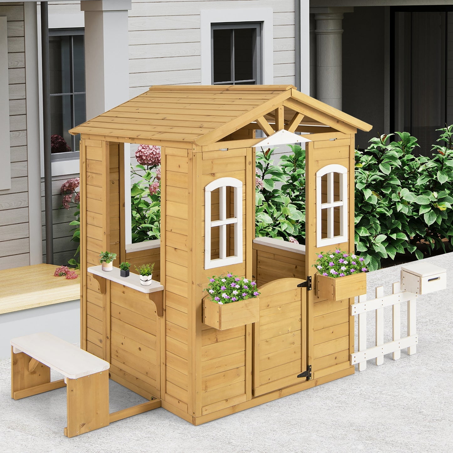 Wood Playhouse with Bench and Serving Stations for 2+ Years Old Kids Kids Crystal