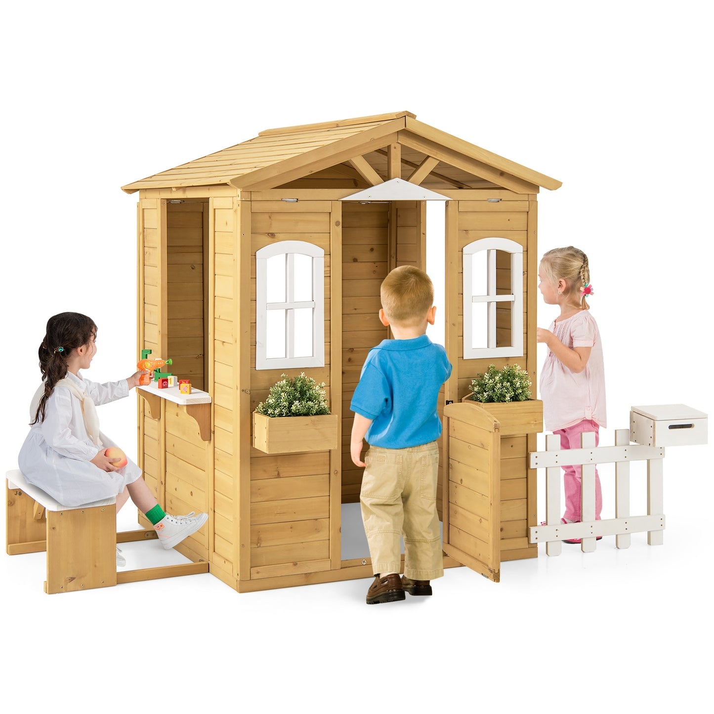Wood Playhouse with Bench and Serving Stations for 2+ Years Old Kids Kids Crystal
