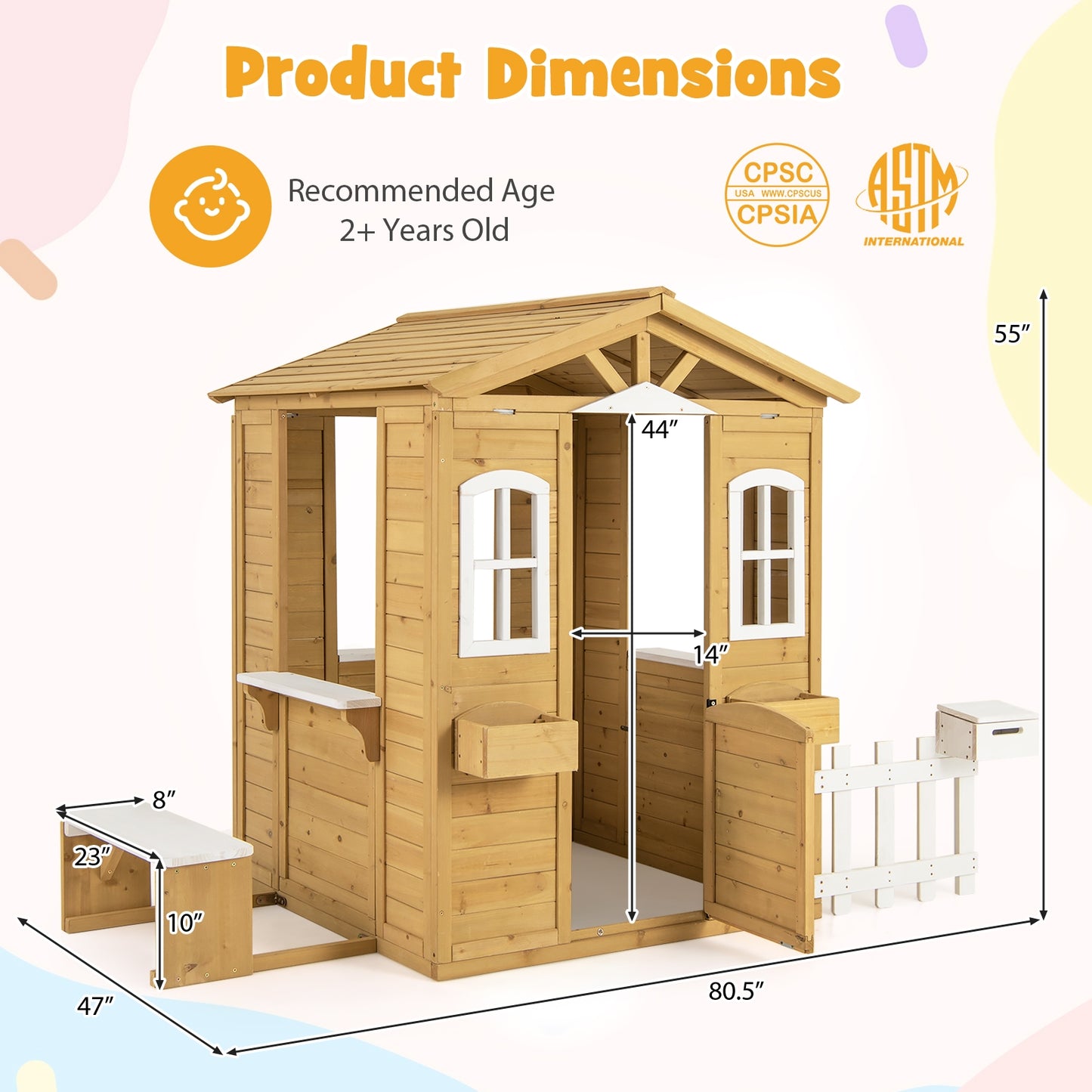 Wood Playhouse with Bench and Serving Stations for 2+ Years Old Kids Kids Crystal
