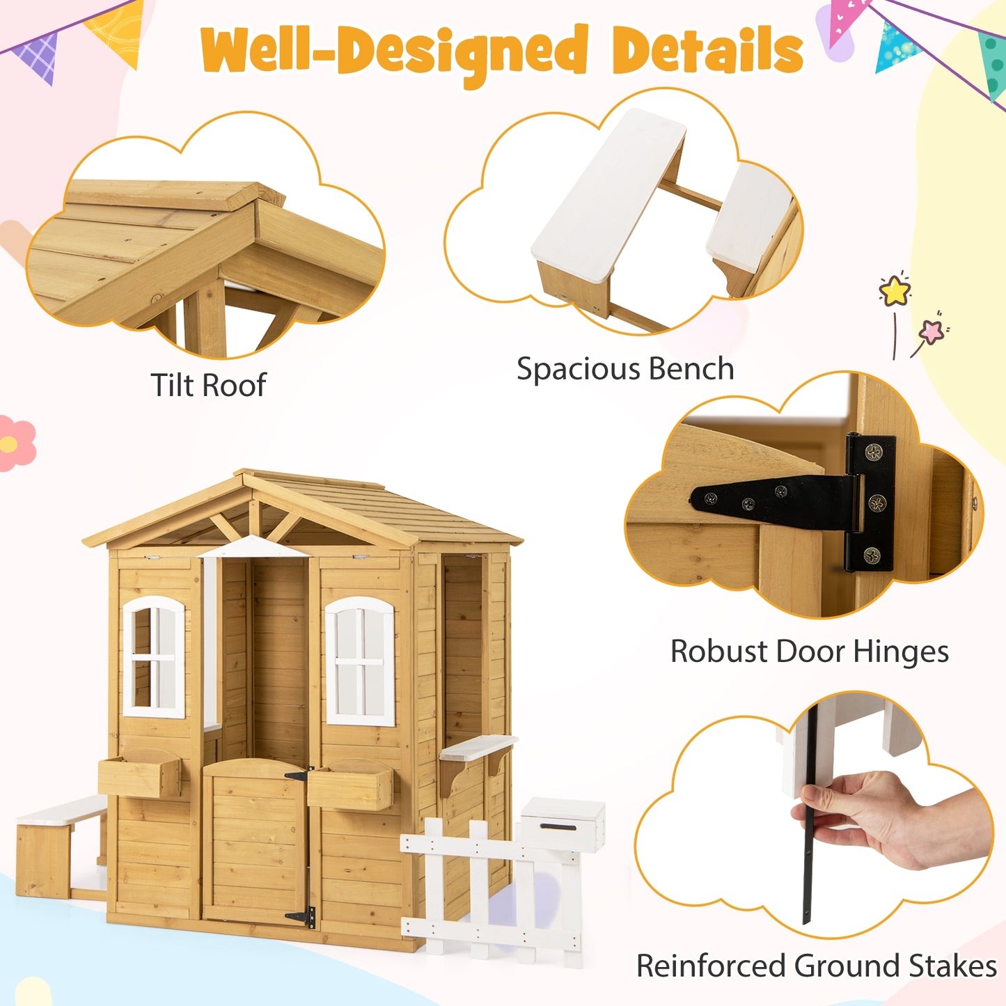 Wood Playhouse with Bench and Serving Stations for 2+ Years Old Kids Kids Crystal