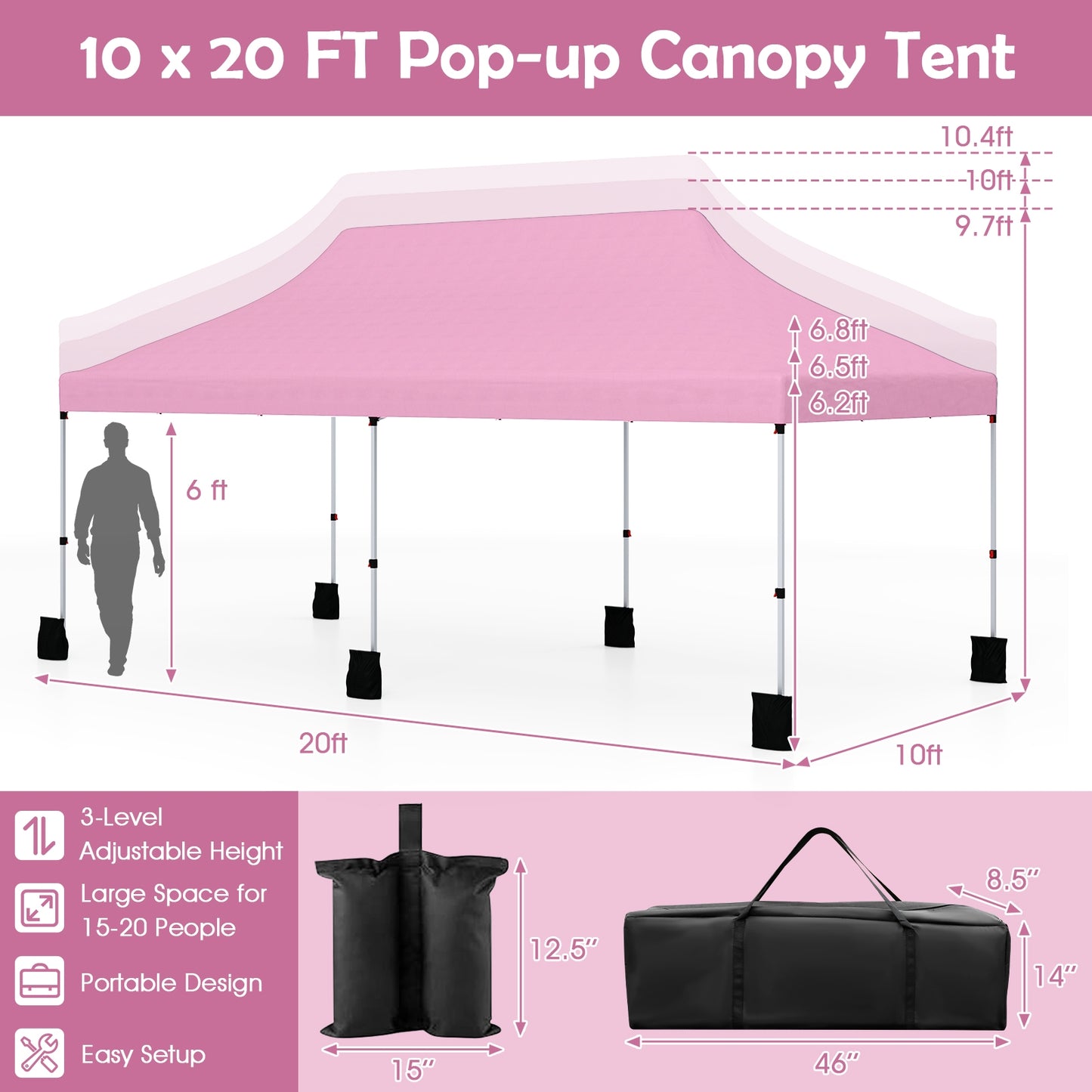 10 X 20 FT Pop up Canopy Tent Foldable Portable Outdoor Gazebo with Carry Bag-Pink Kids Crystal