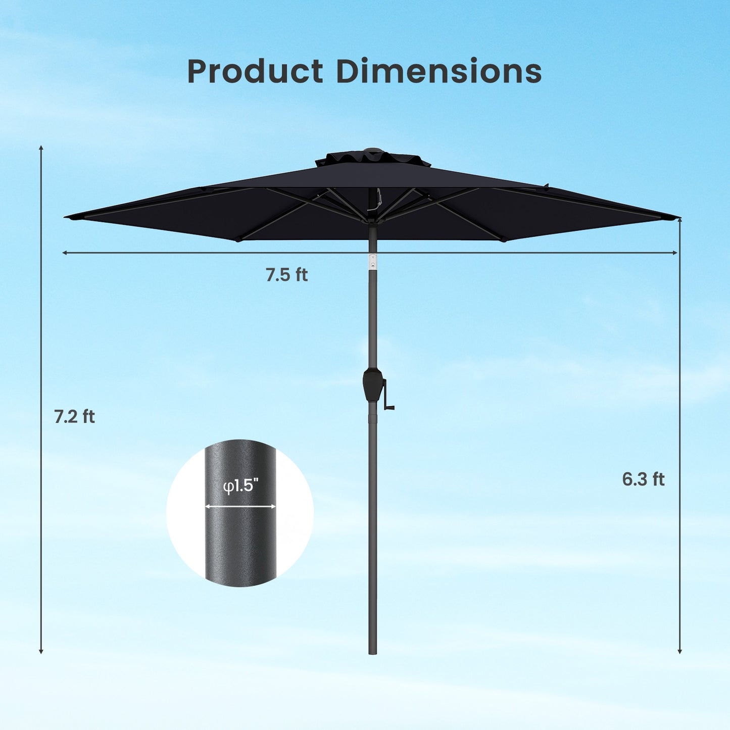 7.5 feet Outdoor Patio Heavy Duty Market Umbrella with Push Button Tilt-Black Kids Crystal