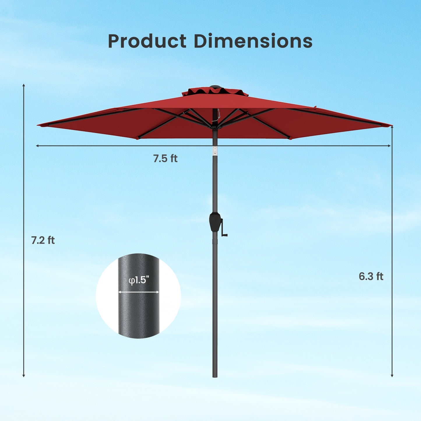 7.5 feet Outdoor Patio Heavy Duty Market Umbrella with Push Button Tilt-Burgundy Kids Crystal