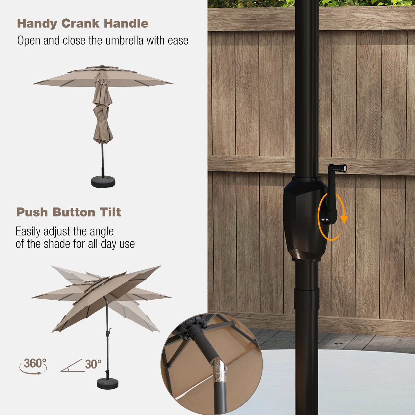10 ft 3-tier Vented Patio Umbrella with Push Button Tilt-Brown Kids Crystal