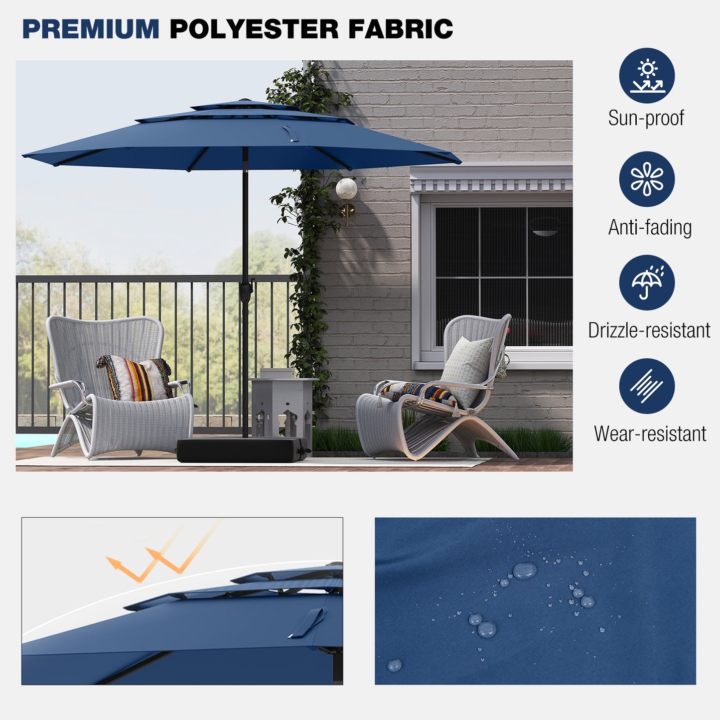 10 ft 3-tier Vented Patio Umbrella with Push Button Tilt-Navy Kids Crystal