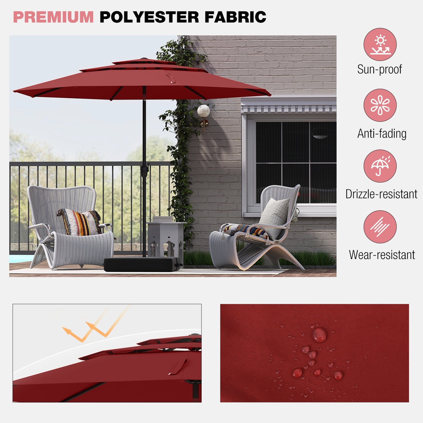 10 ft 3-tier Vented Patio Umbrella with Push Button Tilt-Red Kids Crystal