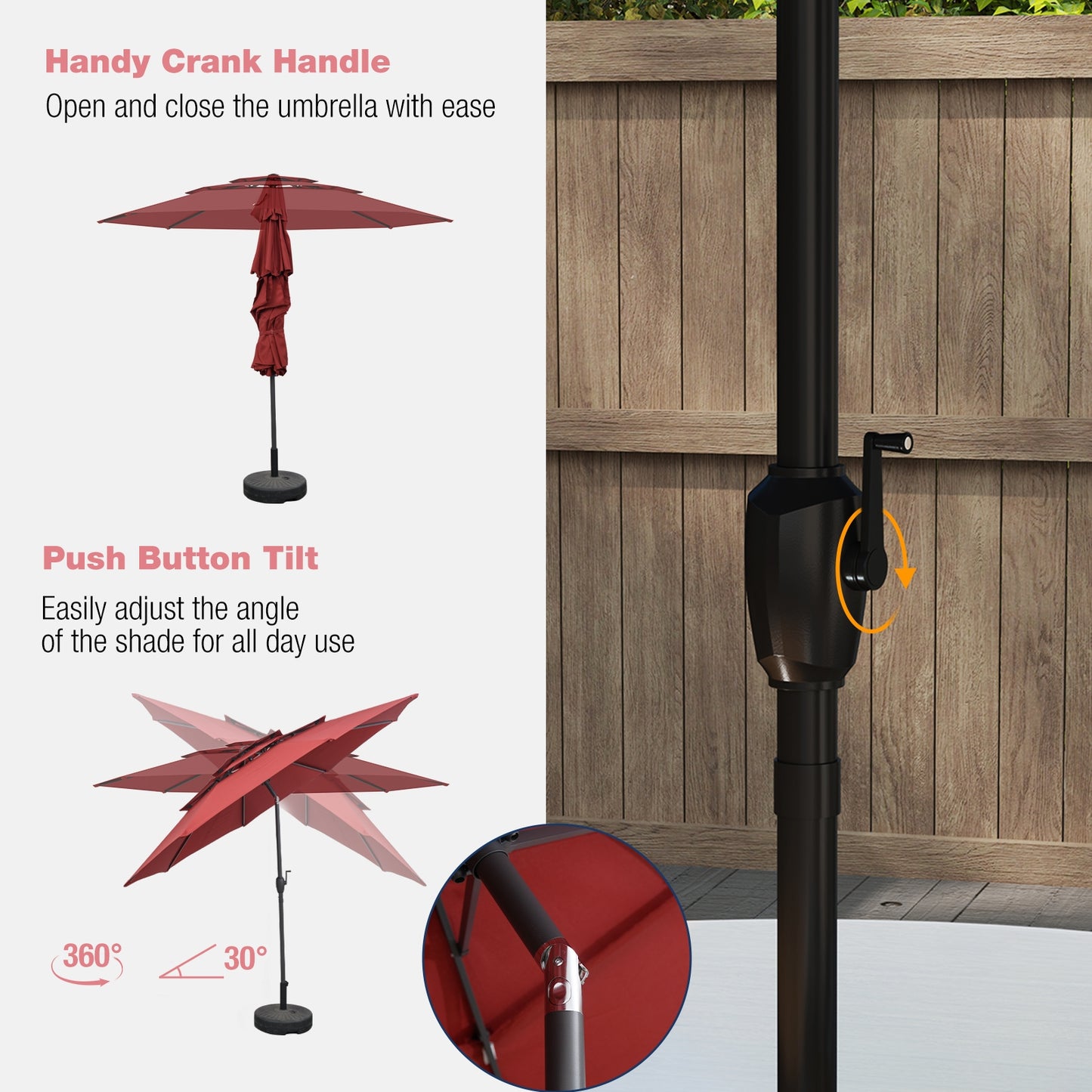 10 ft 3-tier Vented Patio Umbrella with Push Button Tilt-Red Kids Crystal