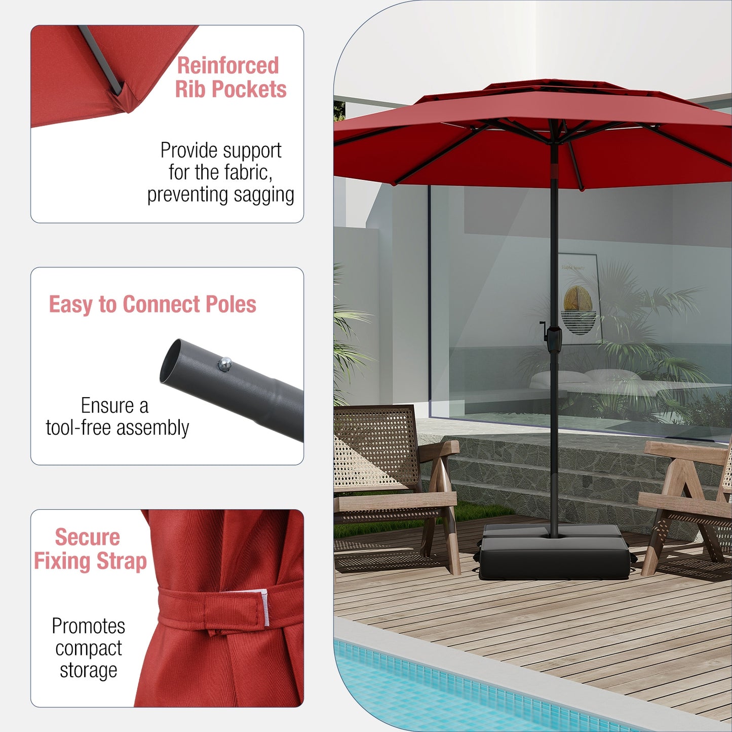 10 ft 3-tier Vented Patio Umbrella with Push Button Tilt-Red Kids Crystal