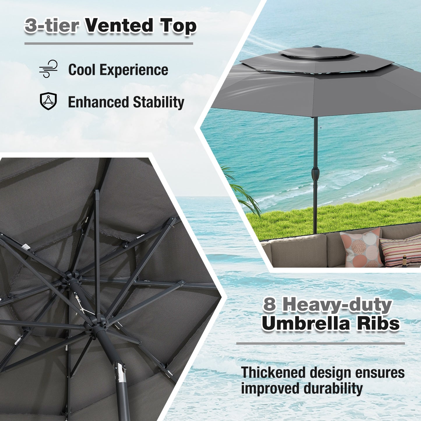 10 ft 3-tier Vented Patio Umbrella with Push Button Tilt-Gray Kids Crystal