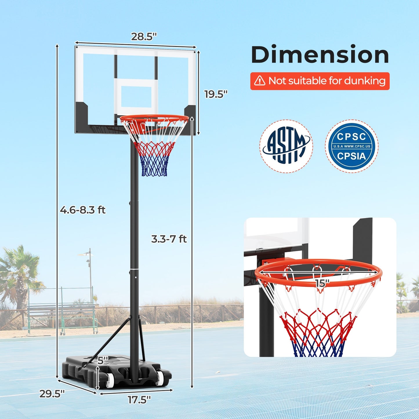 3.3-7 Feet Portable Adjustable Outdoor Kids Basketball Hoop Goal System-White Kids Crystal