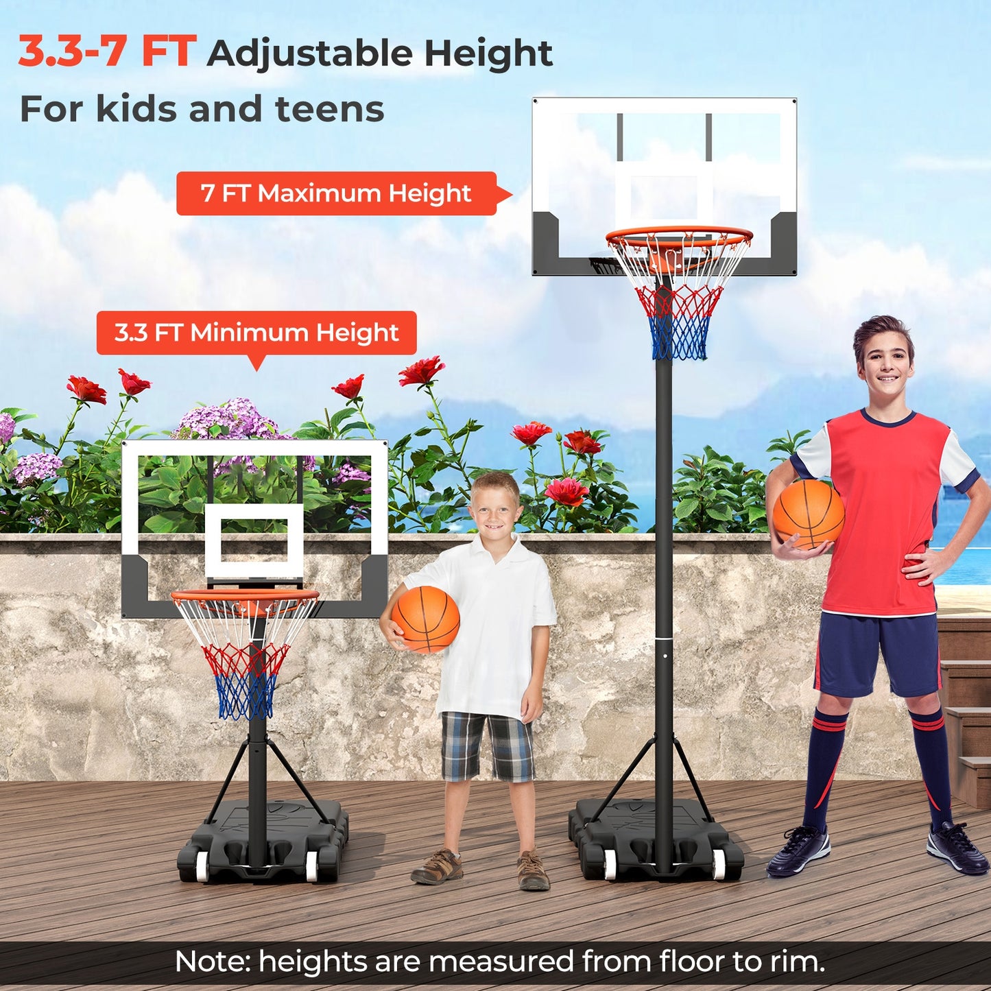 3.3-7 Feet Portable Adjustable Outdoor Kids Basketball Hoop Goal System-White Kids Crystal