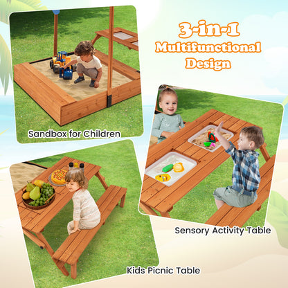 Kids Wooden Sand Box with Foldable Picnic Sensory Table and Bench-Natural