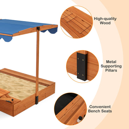 Kids Wooden Sand Box with Foldable Picnic Sensory Table and Bench-Natural