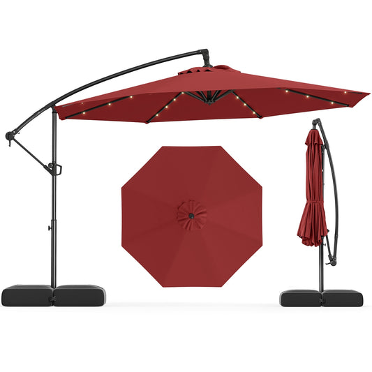 10 Feet Solar Offset Hanging Umbrella with Base and 32 LED Lights-Wine Kids Crystal