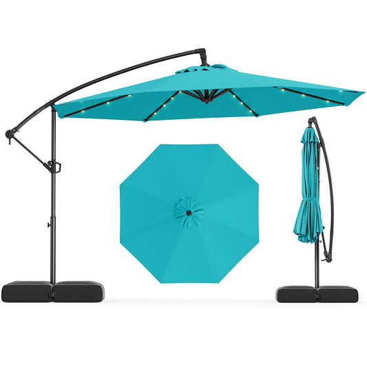 10 Feet Solar Offset Hanging Umbrella with Base and 32 LED Lights-Turquoise Kids Crystal