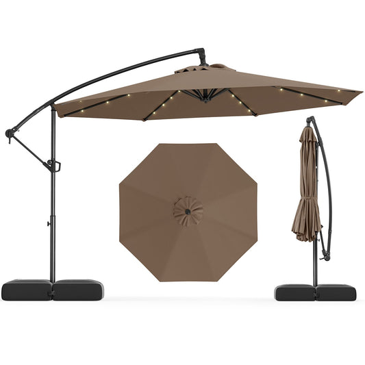10 Feet Solar Offset Hanging Umbrella with Base and 32 LED Lights-Taupe Kids Crystal