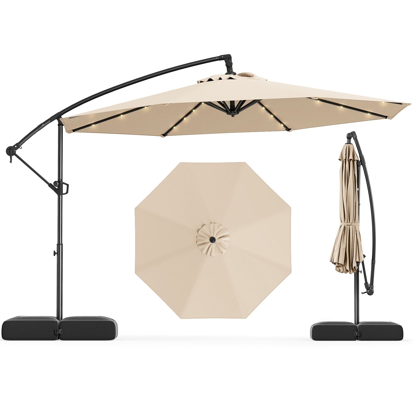 10 Feet Solar Offset Hanging Umbrella with Base and 32 LED Lights-Beige Kids Crystal