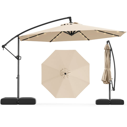 10 Feet Solar Offset Hanging Umbrella with Base and 32 LED Lights-Beige Kids Crystal