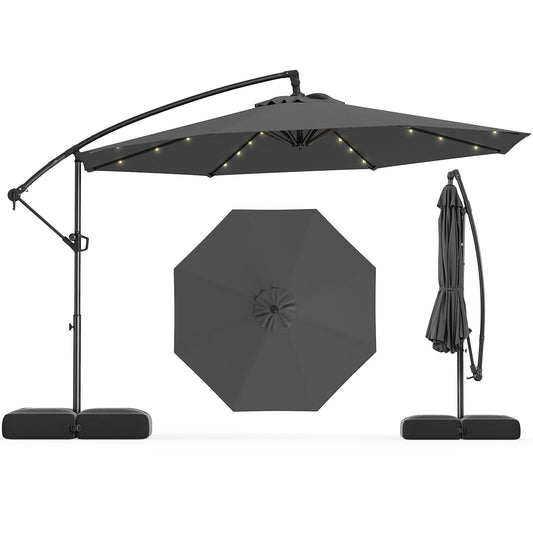 10 Feet Solar Offset Hanging Umbrella with Base and 32 LED Lights-Gray Kids Crystal