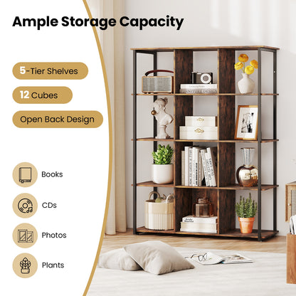 12-Cube Bookcase with 2 Anti-tipping Kits for Living Room-Rustic Brown