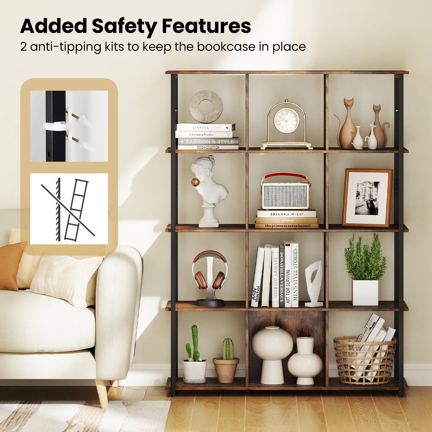 12-Cube Bookcase with 2 Anti-tipping Kits for Living Room-Rustic Brown