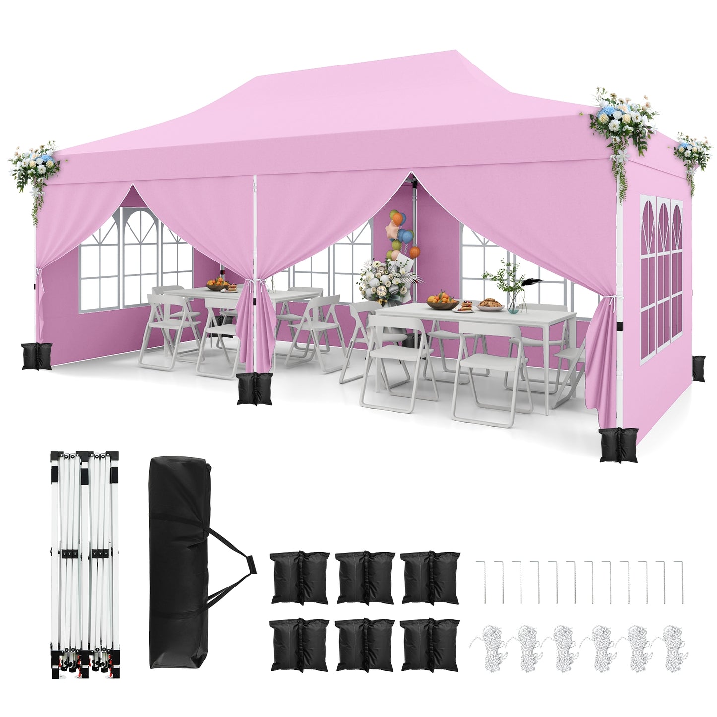 10 x 20 Feet Pop up Canopy with 6 Sidewalls Windows and Carrying Bag-Pink Kids Crystal