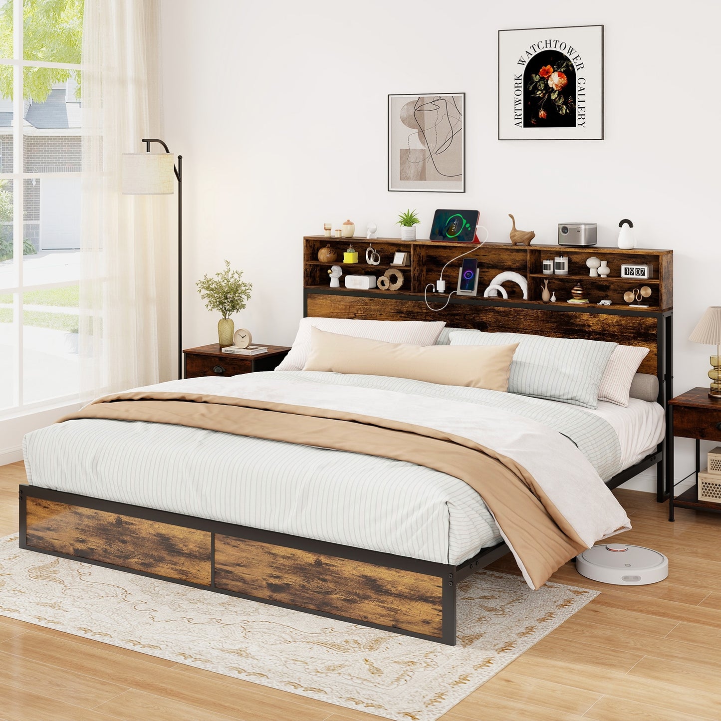 Twin/Full/Queen/King Size Bed Frame with Storage Headboard Industrial Metal Platform Bed-King Size Kids Crystal