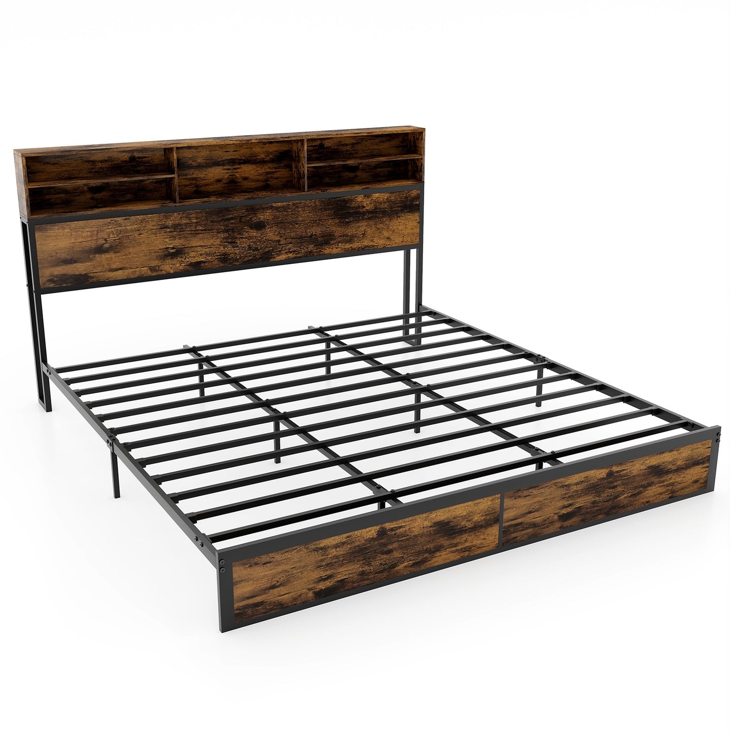 Twin/Full/Queen/King Size Bed Frame with Storage Headboard Industrial Metal Platform Bed-King Size Kids Crystal