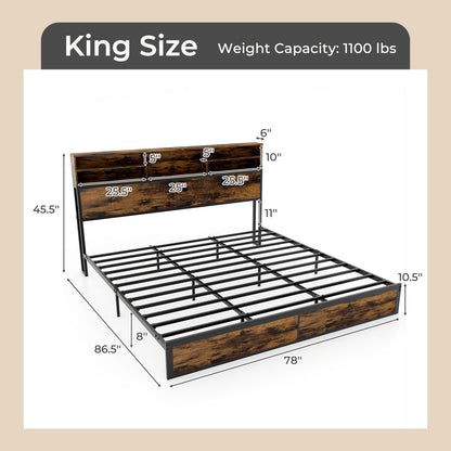 Twin/Full/Queen/King Size Bed Frame with Storage Headboard Industrial Metal Platform Bed-King Size