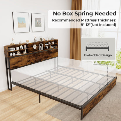 Twin/Full/Queen/King Size Bed Frame with Storage Headboard Industrial Metal Platform Bed-King Size