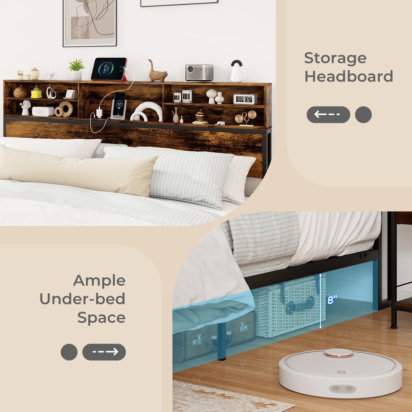 Twin/Full/Queen/King Size Bed Frame with Storage Headboard Industrial Metal Platform Bed-King Size Kids Crystal