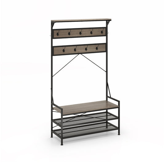 Coat Rack 4-In-1 Hall Tree with 11 Hanging Hooks Shoe Bench-Gray Kids Crystal
