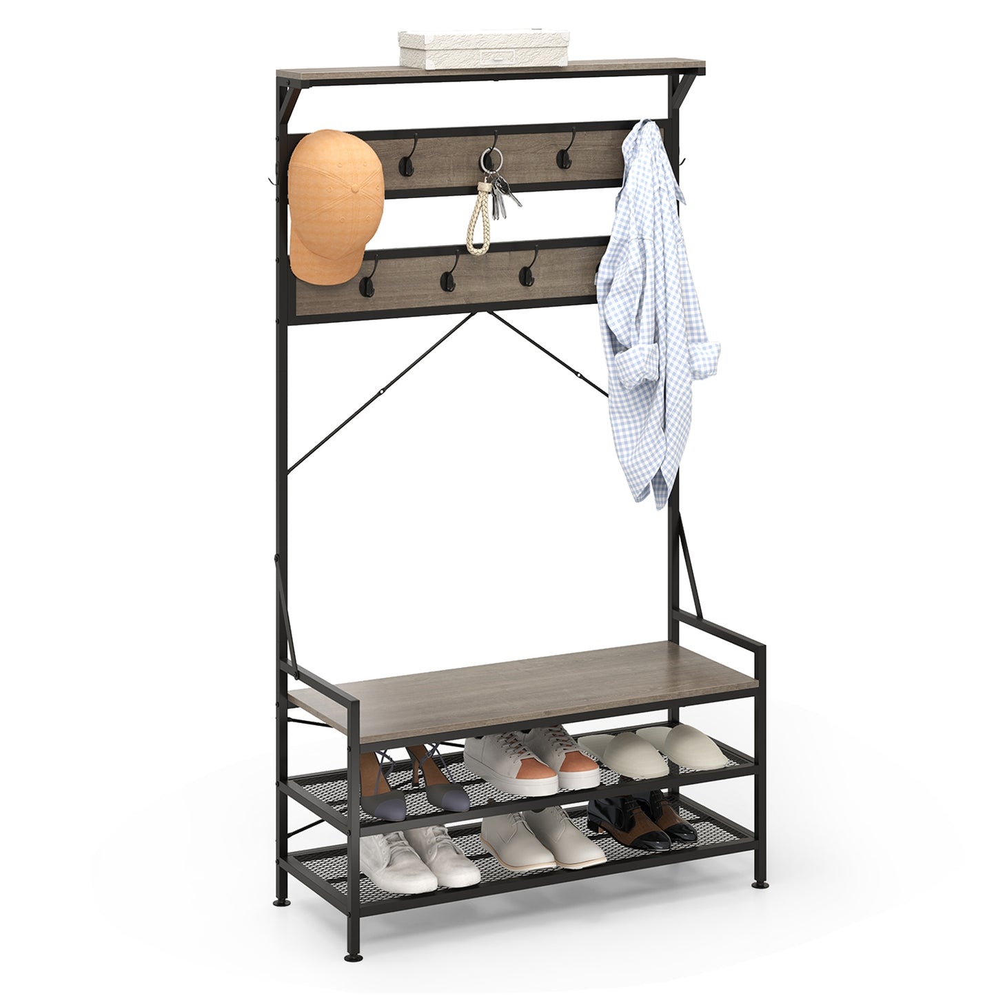 Coat Rack 4-In-1 Hall Tree with 11 Hanging Hooks Shoe Bench-Gray Kids Crystal