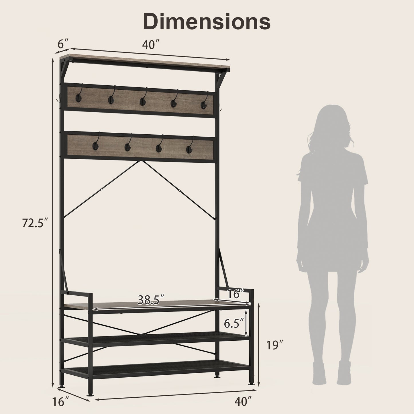 Coat Rack 4-In-1 Hall Tree with 11 Hanging Hooks Shoe Bench-Gray Kids Crystal