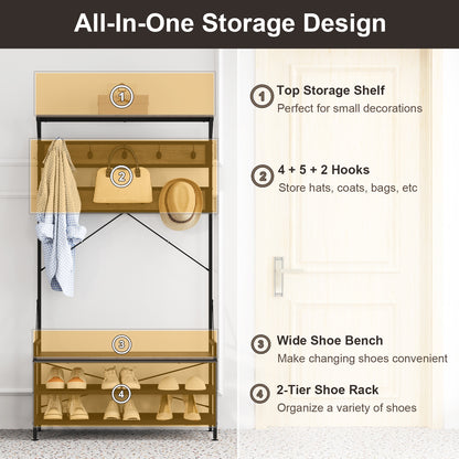 Coat Rack 4-In-1 Hall Tree with 11 Hanging Hooks Shoe Bench-Gray