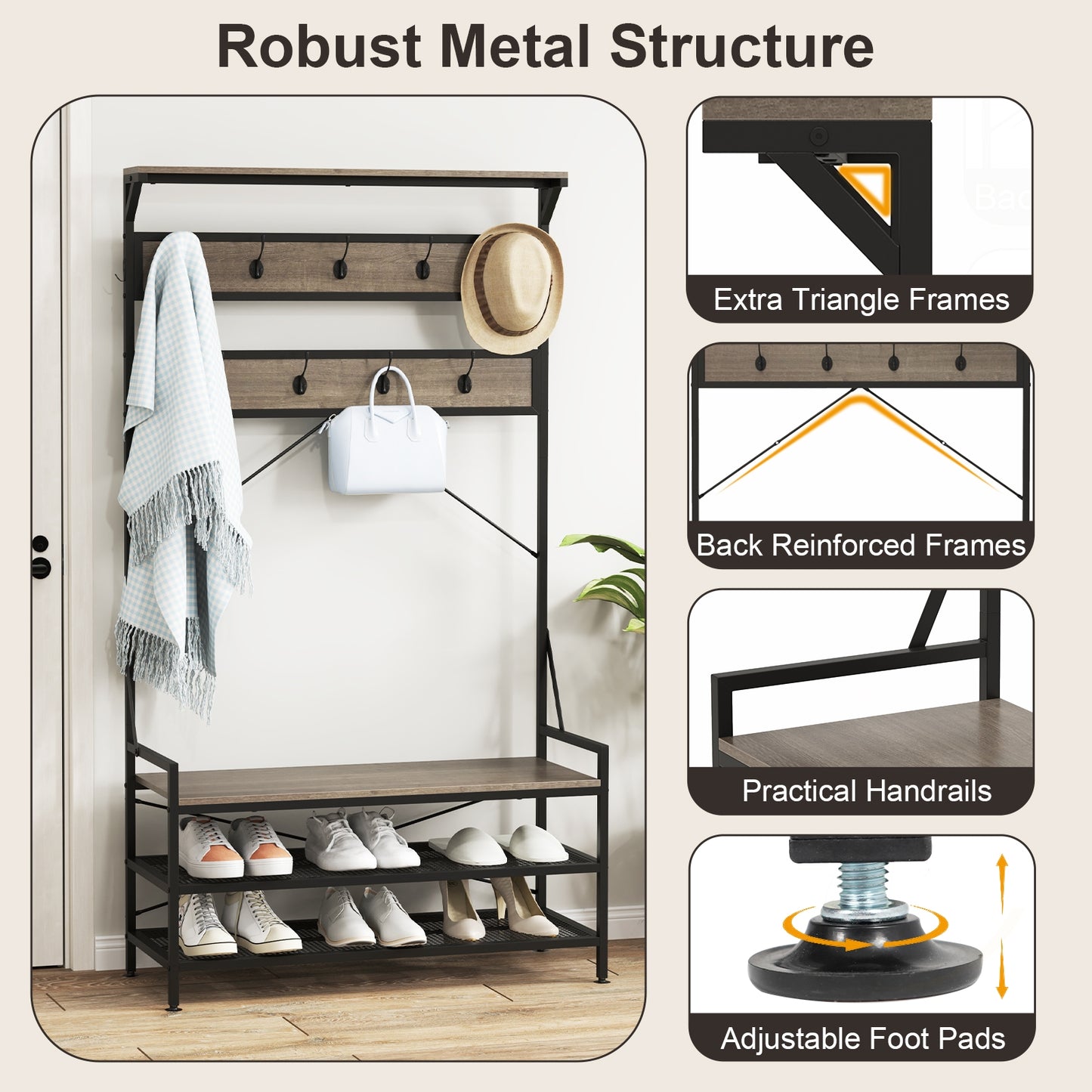 Coat Rack 4-In-1 Hall Tree with 11 Hanging Hooks Shoe Bench-Gray Kids Crystal