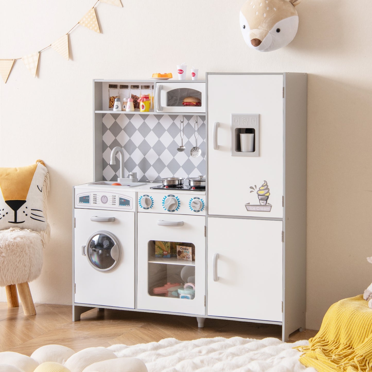 Pretend Play Kitchen for Kids Aged 3+ with Real Sounds and Lights-White Kids Crystal