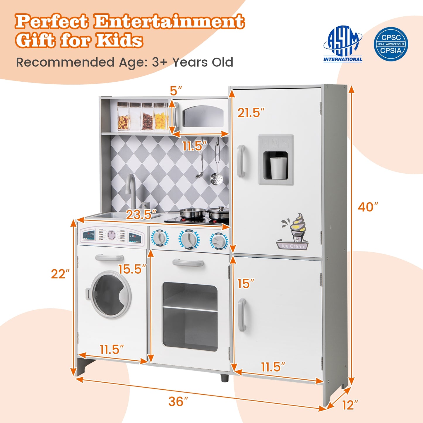 Pretend Play Kitchen for Kids Aged 3+ with Real Sounds and Lights-White Kids Crystal