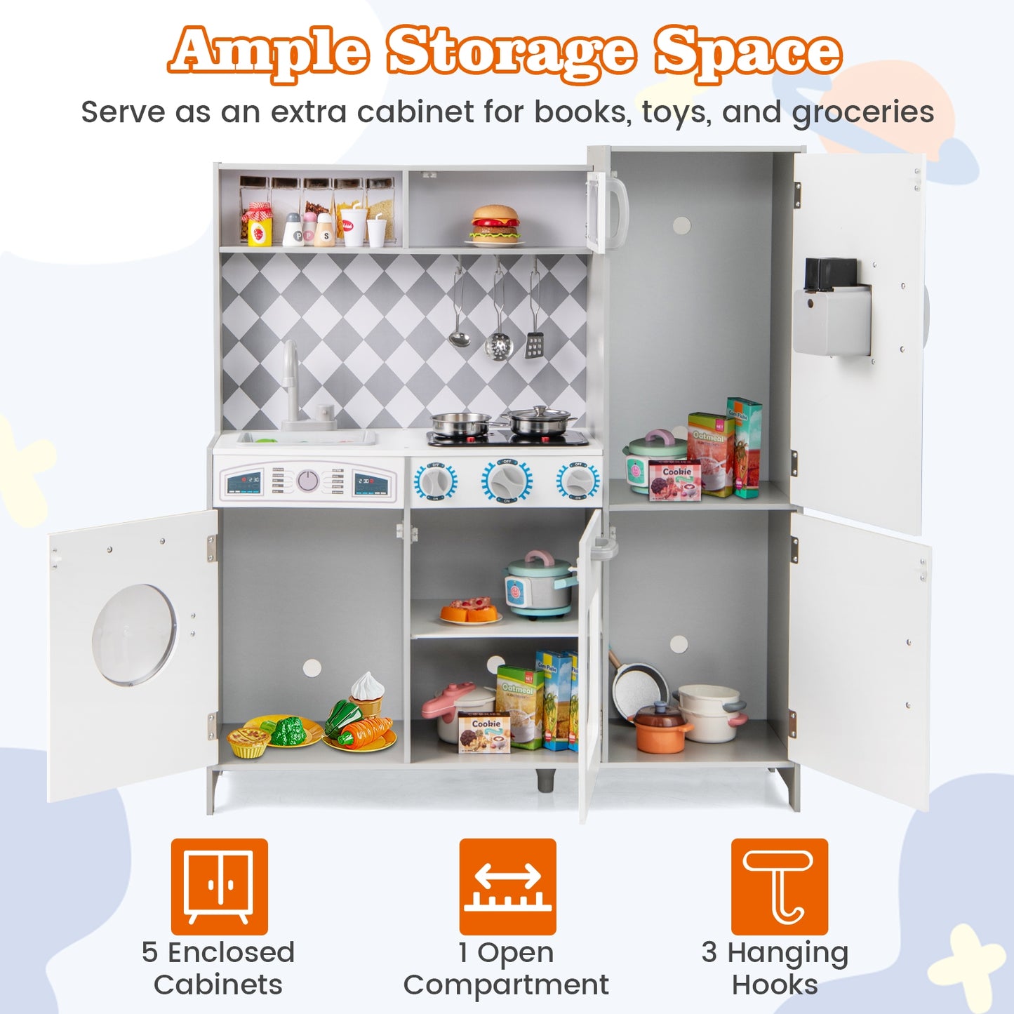 Pretend Play Kitchen for Kids Aged 3+ with Real Sounds and Lights-White Kids Crystal