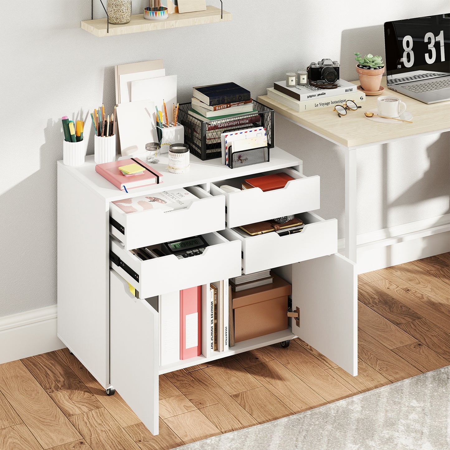 4 Drawer File Cabinet with Wheels for Home Office Organization-White Kids Crystal