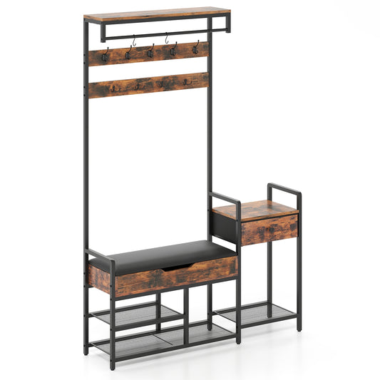 70 Inch Hall Tree with Shoe Storage Bench Freestanding Coat Rack-Rustic Brown Kids Crystal